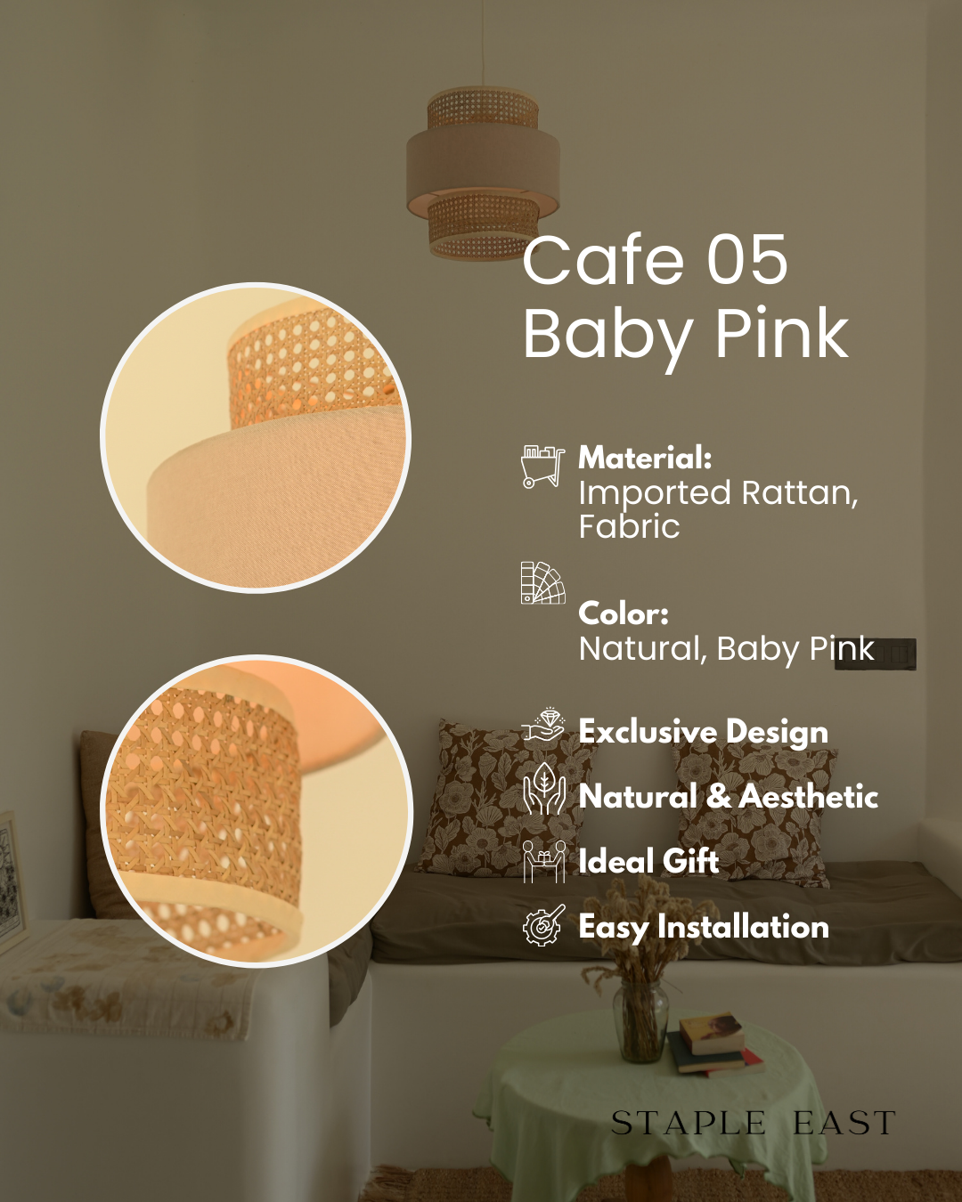 Cafe Baby Pink Ceiling Lamp | Romantic French Bistro Pendant | Rattan Hanging lamp for Restaurant | Cane Pendant light | Wicker ceiling light