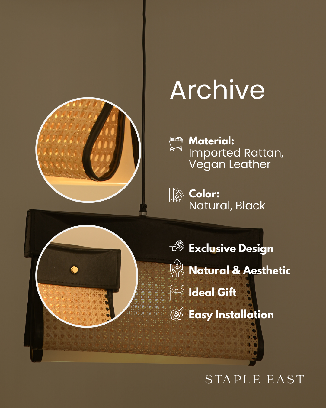 Archive Black Ceiling Lamp | Modern Contemporary Pendant Lightt | Rattan Hanging lamp for Living Room