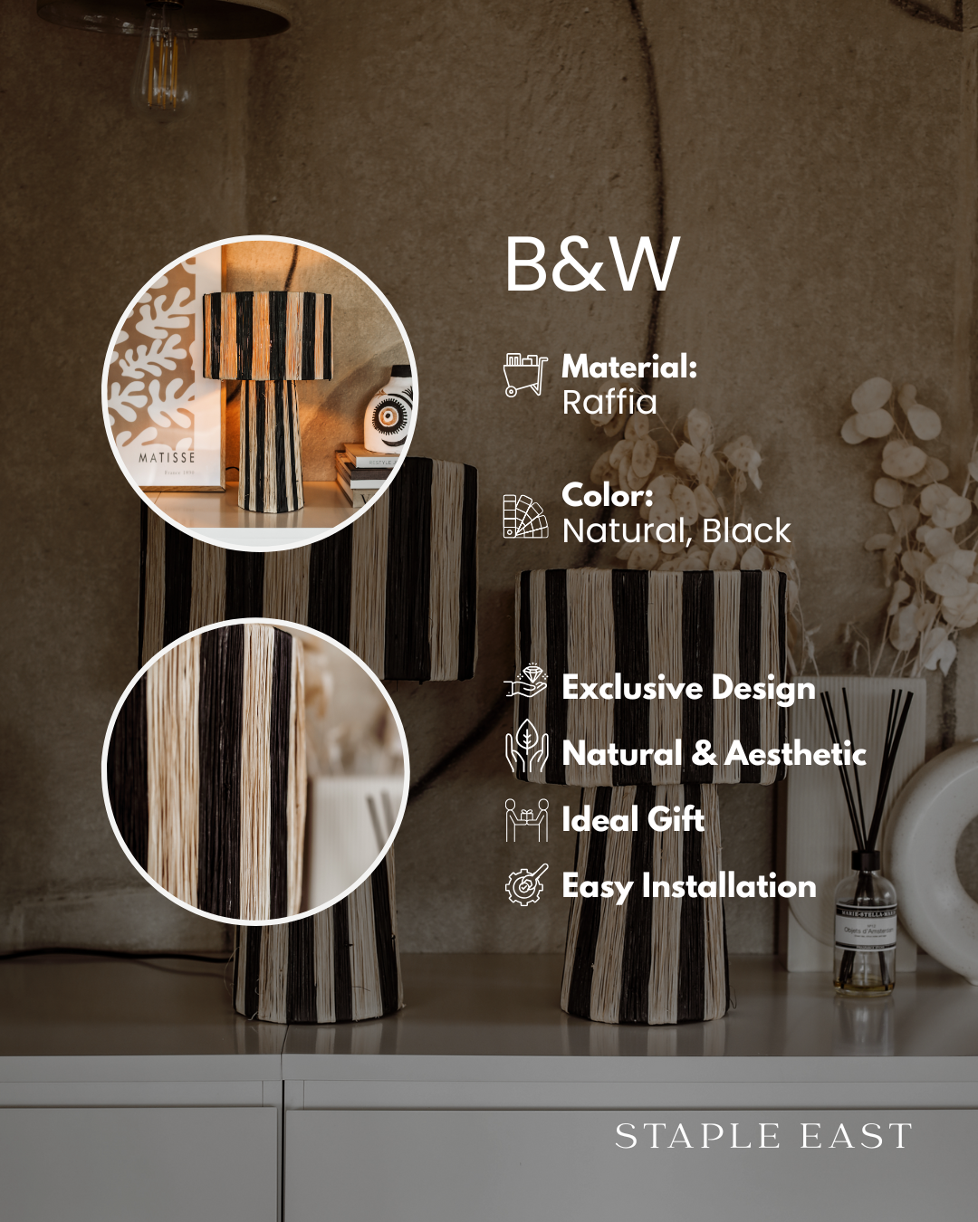 B&W Raffia Table Lamp