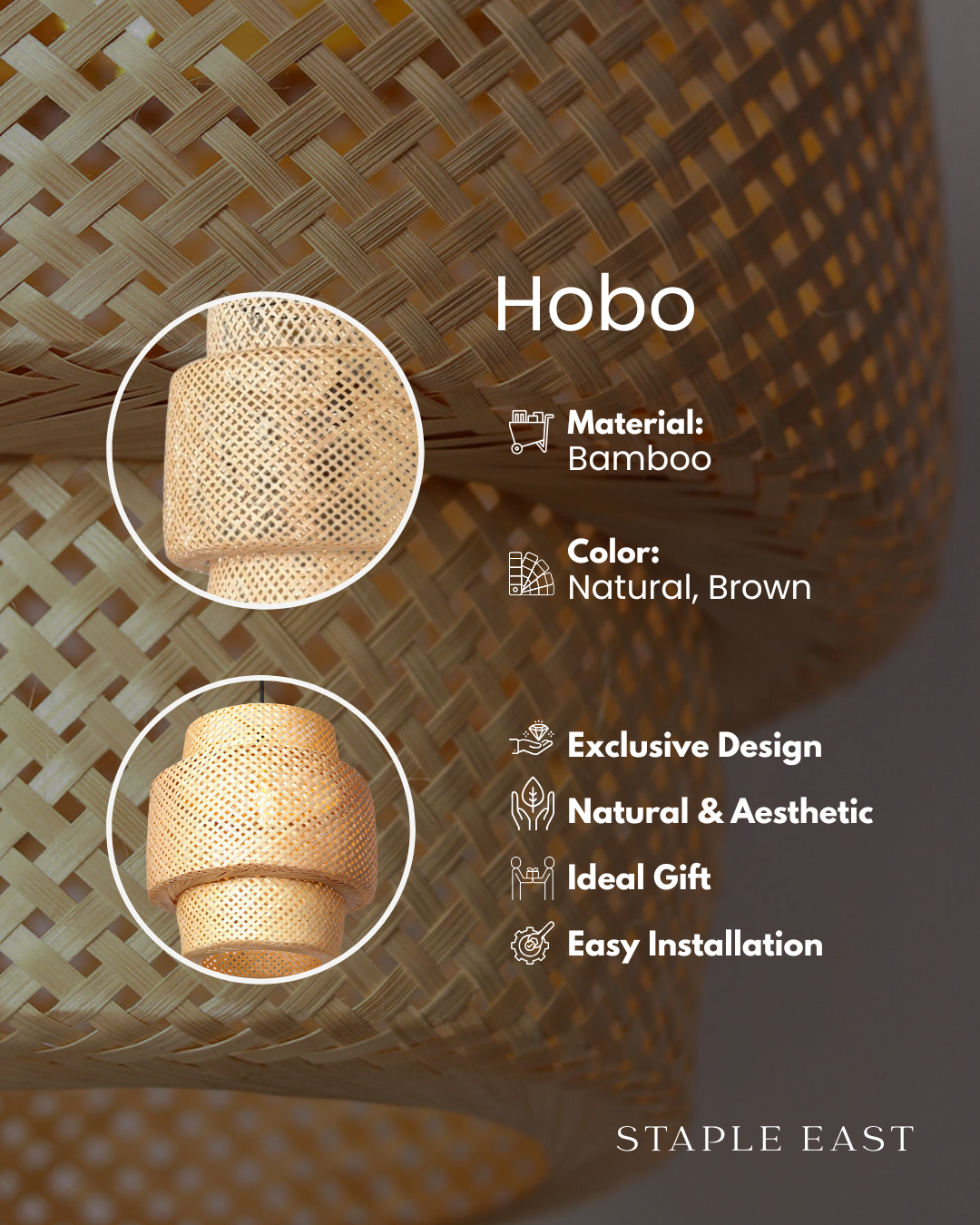 Hobo Ceiling Lamp | Bohemian Rustic Pendant Light | Rattan Hanging Lamp for Living Room