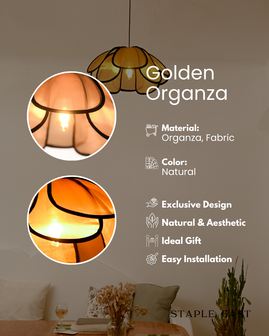 Golden Organza Ceiling Lamp | Luxury Elegant Pendant Lightt | Rattan Hanging lamp for Living Room