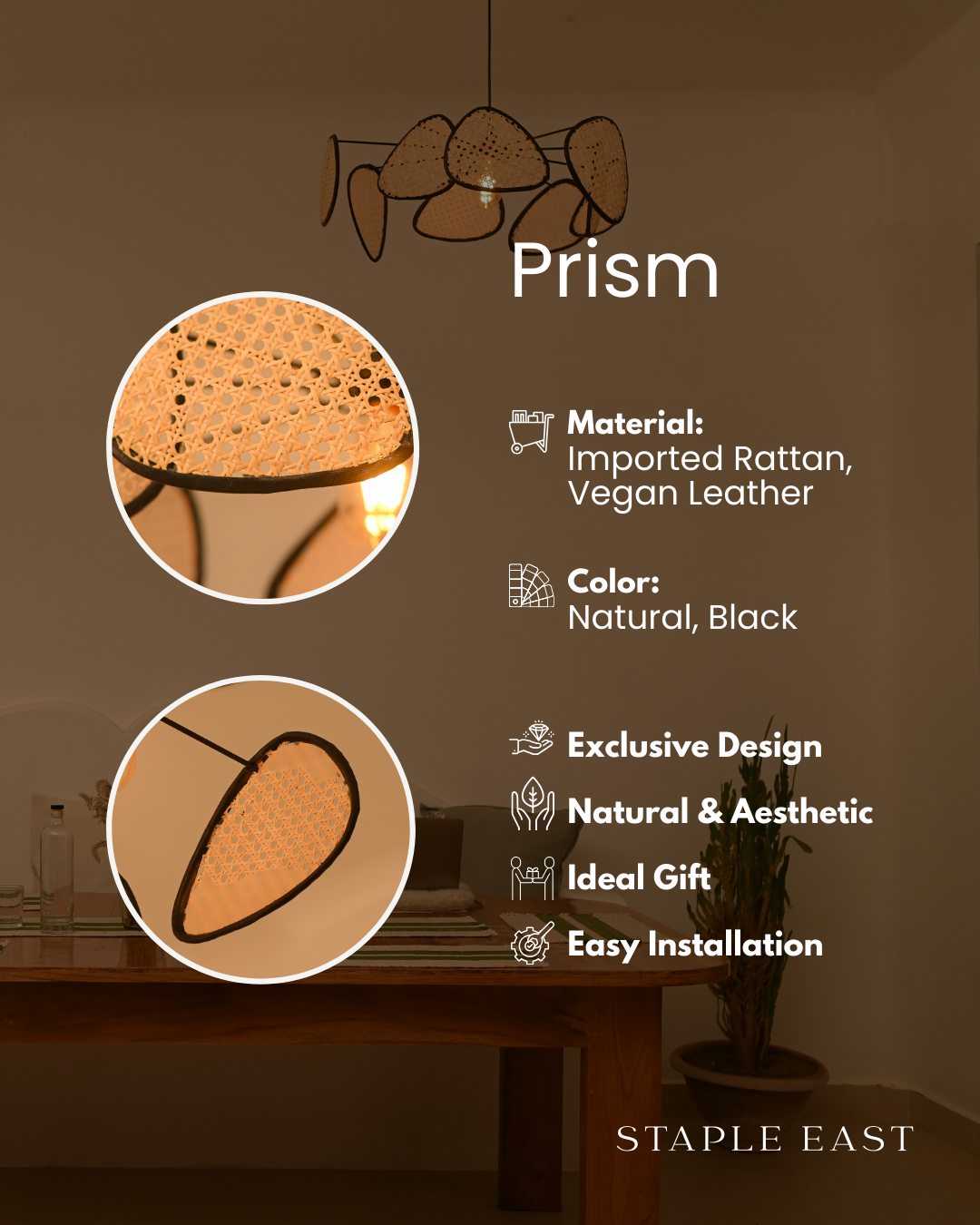 Prism Ceiling Lamp | Optical Light Effects Pendantt | Rattan Hanging lamp for Living Room