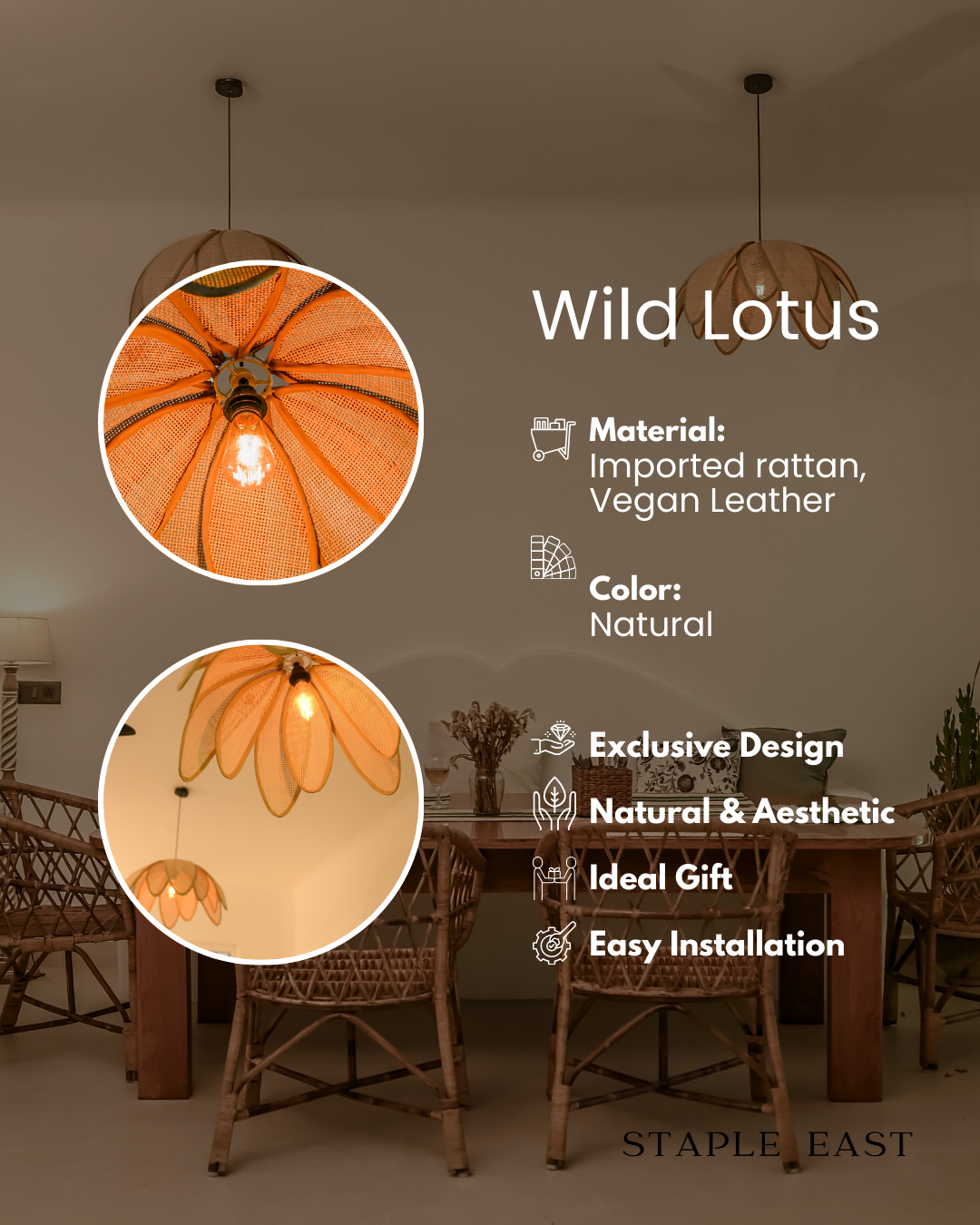 Wild Lotus Ceiling Lamp | Organic Bohemian Pendant Lightt | Rattan Hanging lamp for Living Room